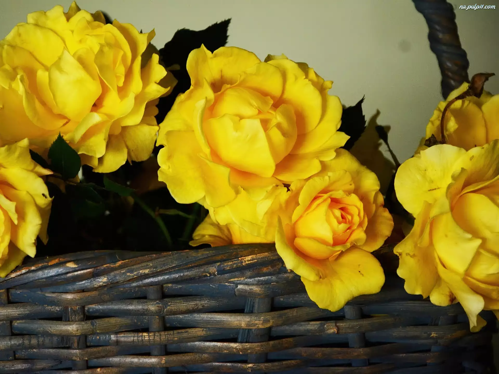 Koszyk, Żółte, Róże, Wiklinowy