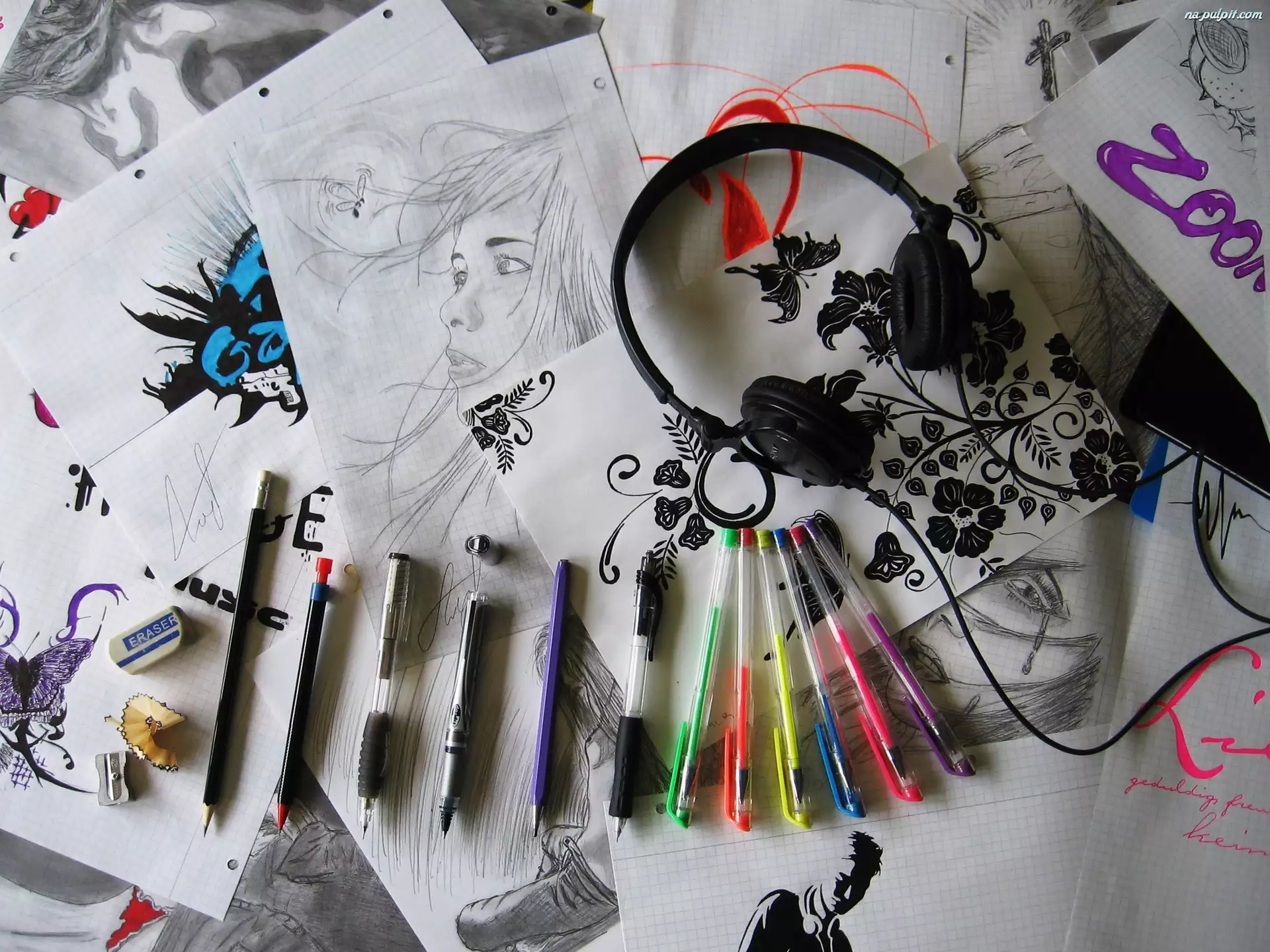 Długopisy, Rysunki, Ołówki, Słuchawki