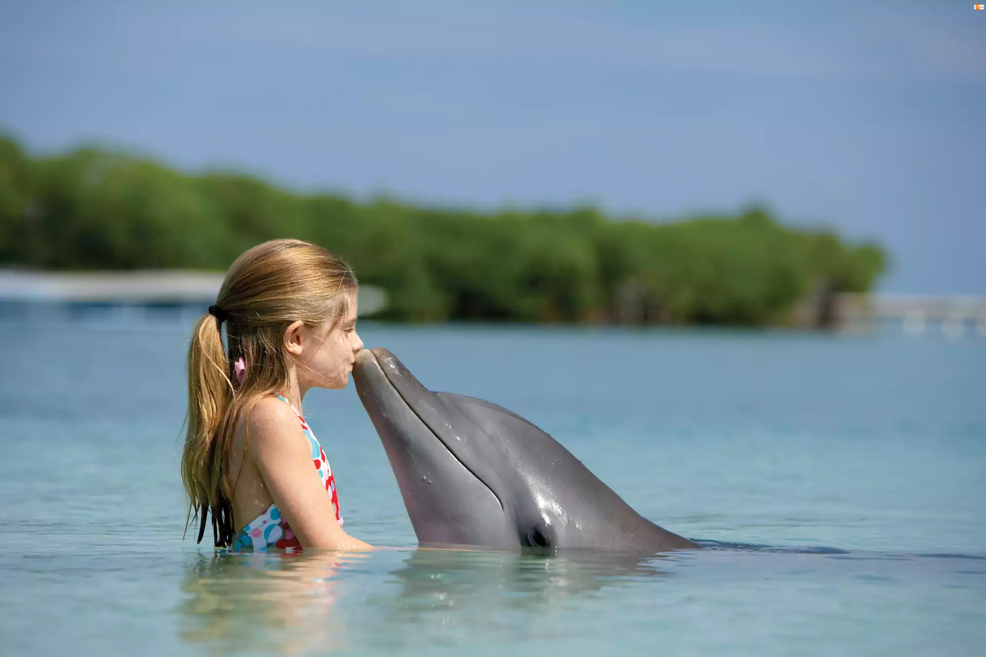 Dziewczynka, Pocałunek, Delfin, Woda